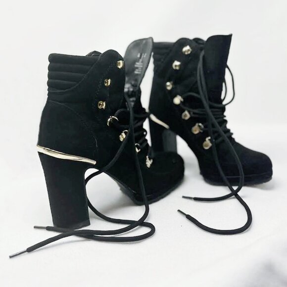 Dkny Shoes - DKNY Black Leather Boots with Gold Accents, Womens Chunky High Heel Ankle Boots